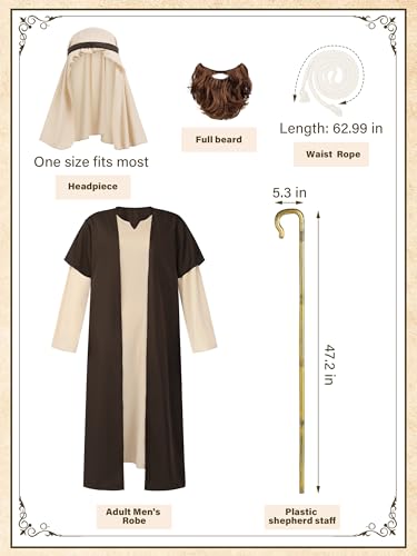 SOMSOC Mens Biblical Saint Joseph Sherherd Costume Jesus Robe Costume Beard Staffs Headwrap Hat Waist Rope Set - size: X-Large