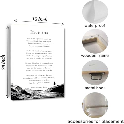 Invictus Poem Wall Art, Inspirational Motivational Quote Canvas Print, Resilience and Strength Poster, Never Give Up Decor, Success Mindset Artwork for Home Office Gym Gift Framed 16 * 24 inch - color: Invictus Poem, size: 24"L x 16"W