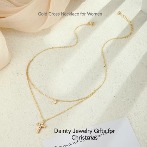Cross Necklace For Women,14K Gold Plated Small Dainty Colorful Beaded Cubic Zirconia Diamond Double Layered Cross Pendant Choker Necklaces For Women,Christian Easter Religious Jewelry Gifts - style: Layered Diamond Cross-Gold