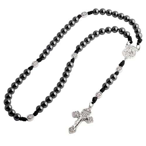 HanlinCC St.Michael Paracord Catholic Rosary Large Hematite Beads for Men
