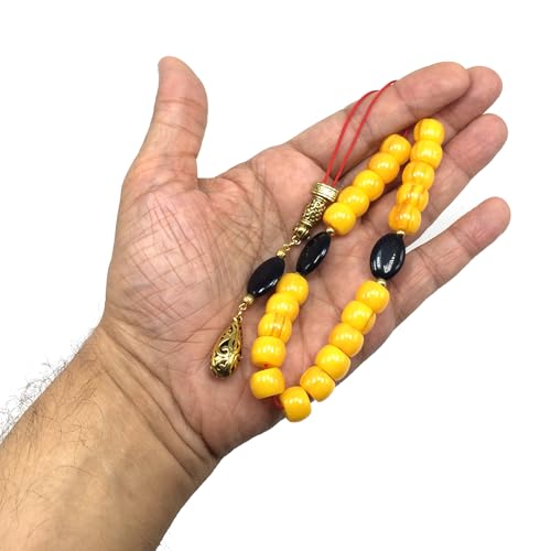 Design - Greek KOMBOLOI Series- Worry Beads Begleri Pony Anxiety Beads Rosary Relaxation Stress Relief - color: RESIN DRUM IMITATION AMBER BEADS (9X9 mm, 21 Beads)