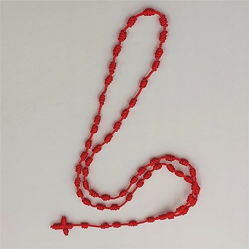 Caiyao Lightweight Catholic Knotted Rosary Cross Long String Necklace for Women Durable Braided Long Knotted Cord Rope Strand Twine Cross Spiritual Necklace Teen Girls Boys Keepsake Gift, 20 Inches - color: red