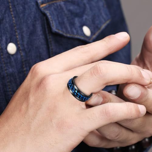 Mens Fidget Rings Anxiety Ring for Men 6mm 8mm Chain Spinner Ring Size 5-14 - color: Black Blue