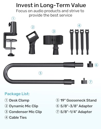 19-in Gooseneck Mic Stand with Desk Clamp, 3/8 & 1/4 Adapters, 360° Swivel - size: Upgraded Clamp