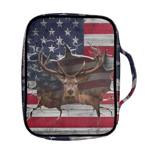 Suobstales 3D Deer American Flag Print Bible Covers for Women Men Bible Case Bible Bag and Tote Bible Accessories with Handle and Zippered Pocket Carrying Book Case - color: 3d Deer American Flag