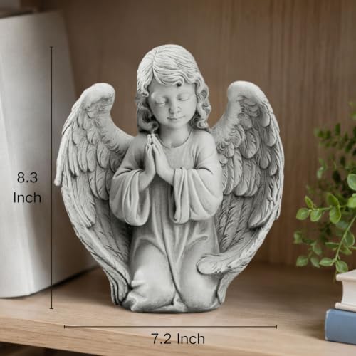 Grace4Joy Kneeling Praying Guardian Angel Statue - Stone Finish 8.3 Inch Religious Decor Figurine, Indoor Outdoor Garden Memorial Baptism First Communion Gift