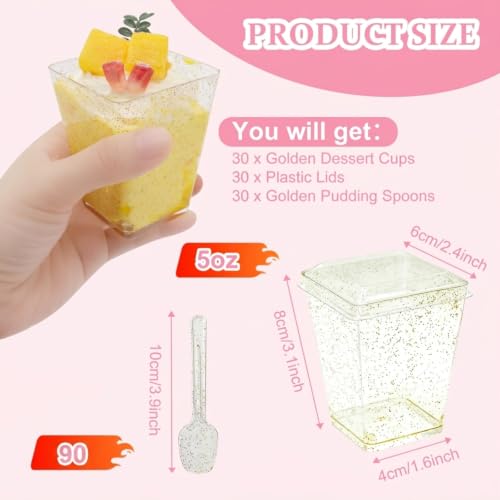 5 Oz Golden Glitter Dessert Cups with Lids and Spoons 90 Pcs Plastic Square Yogurt Parfait Appetier Cups for Party Disposable Small Dessert Shooter for Ice Cream, Fruit and Pudding - size: 30 Cups+30 Lids+30 Spoons