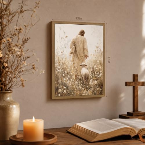 INJOLLY Wood Framed Jesus Leaves The 99 Sheep Wall Art 16x24 in - color: Lamb, size: 24"L x 16"W