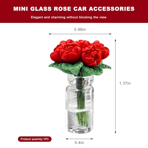 Rose Flower in Vase Car Dashboard Decoration, Cute Floral Vase Vehicle Rear View Mirror Ornament, Miniature Realistic Flower Bouquet Auto Interior Decor for Girls Women (Red) - color: Red