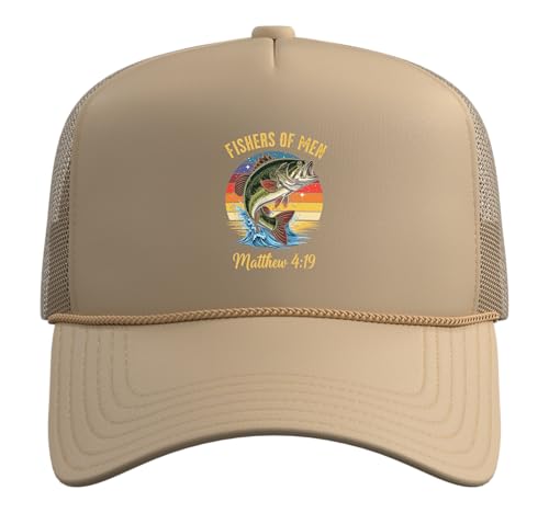 Fishers of Men Matthew 4-19 Bible Christian Fishing Lover Trucker Hat with Adjustable Mesh Back - color: Khaki