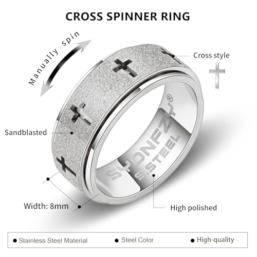 Anxiety Spinner Ring for Men - Stainless Steel Fidget Spinner Ring, Band Cross Thumb Roating Rings for Stress Relief 8mm Anxiety Relieve Fidget Toys for Adults Ring Size 6 7 8 9 10 11 - color: Silver
