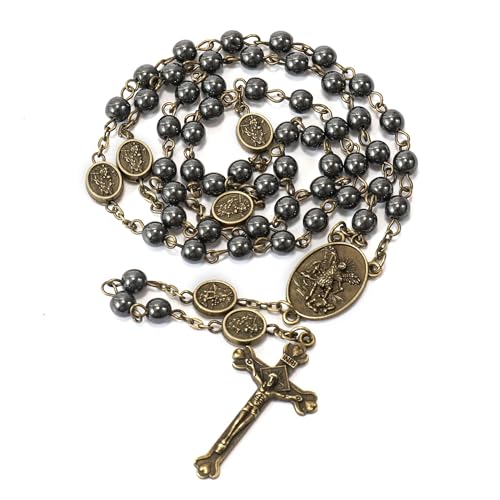 Nazareth Store St Michael Rosary Hematite Stone Beads Necklace Metal Beaded Glory Beads Archangel Medal & Cross with Metal Gift Box - color: Bronze | Jesus Cross