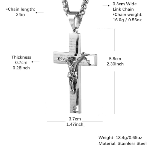 HZMAN Men's Stainless Steel Cross Crucifix Bible Prayer Pendant Necklace - color: Silver