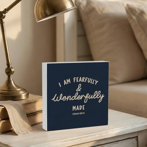 Christian Inspirational Wooden Box Signs Desk Decor, I Am Fearfully and Wonderfully Made Bible Verse Wooden Signs Desk Decorations for Kids Boy Nursery Room Bedroom Tabletop Shelf Wall, 5x5in - color: i am-1