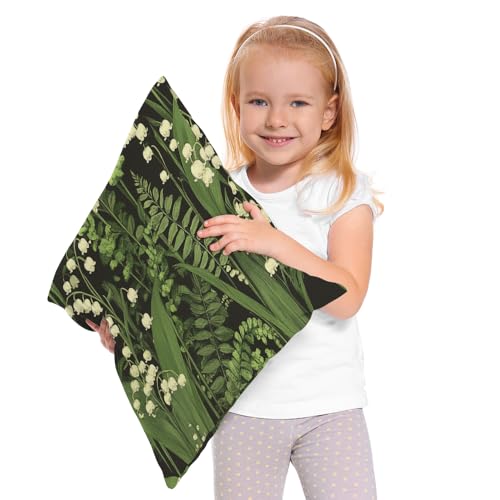 Moslion Throw Pillow Cover Lily 18x18 Inch Valley Fern Floral Buds Leaves Stems Hand Drawn Wildflower Spring Plant Square Pillow Case Cushion Cover for Home Car Decorative Cotton Linen - color: Leaf