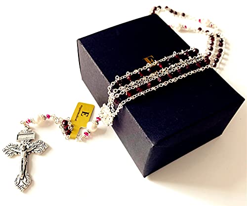elegantmedical handmade Gold Ladder to Heaven Garnet Beads Catholic Rosary crucifix Necklace box - color: silver