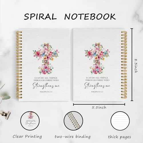 Floral Christian Spiral Notebook Journal, I Can Do All Things Through Christ Bible Notebooks for Note Taking, Christian Gifts for Women, Bible Hardcover Spiral Journal 5.5x8.3 Inches Writing Pads - color: Cross