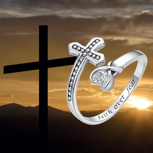 Sterling Silver Open Adjustable Ring Wrap Stack Statement Jewelry Gift - color: Faith Over Fear