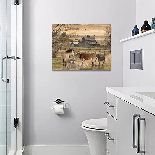 yerretin Farm Animal Wall Art Country Old Barn Pictures Wall Decor Rustic Canvas Print Farmhouse Landscape Painting Modern Home Artwork for Living Room Bedroom Bathroom Office Framed, 16"x12" - color: Barn Cow, size: 16"L x 12"W