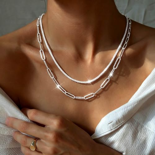 925 Sterling Silver Necklace for Women Layered Cross Paperclip Chain Necklaces Dainty Sparkle Pendant Jewelry Gifts - style: 2 Layered Chain