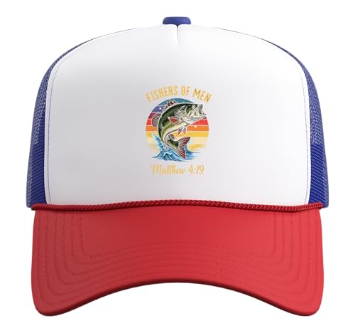 Fishers of Men Matthew 4-19 Bible Christian Fishing Lover Trucker Hat with Adjustable Mesh Back - color: Red/White/Royal Blue