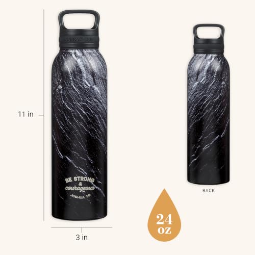 Christian Art Gifts Stainless Steel Double Wall Vacuum Insulated Water Bottle for Men & Women: Strong & Courageous - Joshua 1:9 Inspirational Verse w/Carry Handle Lid, Black/Granite/Slate, 24 oz. - color: Black Marble/Swirl - Strong & Courageous