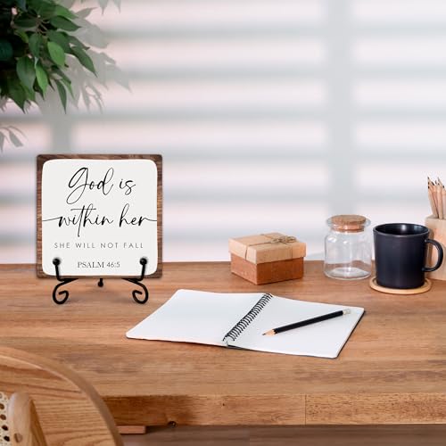 God Is Within Her She Will Not Fall Wooden Sign Decor, Psalm 46:5 Scripture Plaque, Rustic Wooden Plaque Sign With Iron Stand, Christian Home Office Restroom Desk Shelf Decorations - style: Christian