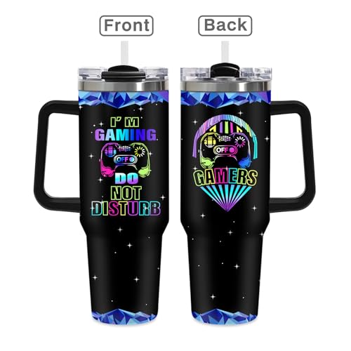 40oz Gamer Insulated Tumbler, Gaming Gifts for Boys Teenager Men, Gradient Gamepad Coffee Mug, Double Wall Stainless Steel Travel Cup with Handle Straw, Game Controller Present for Son Teen Birthday - color: Game-D-76