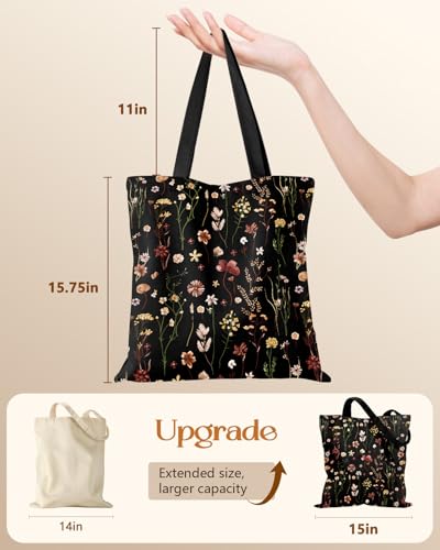 Miss Adola Canvas Tote Bag for Women with Zipper, Black Floral - color: Black Floral