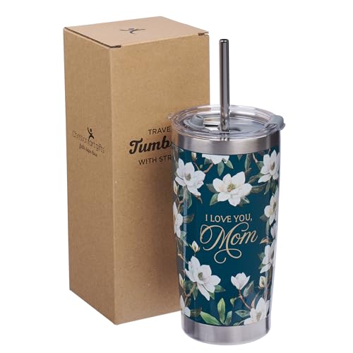 Christian Art Gifts Large Stainless Steel Double Wall Vacuum Insulated Travel Tumbler for Mothers: Love You, Mom, Inspiring Scripture, Hot/Cold, Flip Top Lid, Resusable Straw, Dark Teal Floral, 18 oz. - color: Dark Teal Floral/Mom