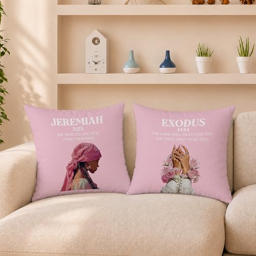 Pink Christian Black Girl Pillow Covers 18x18, His Mercies are New Every Morning Bible Verse Religious Decorative Pillow Cover Pillowcase for Girls Dorm Bedroom Apartment, Set of 2 - color: Black Girl-1