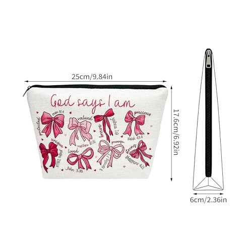 1 Pcs bow makeup bag inscribed with God Says I Am... and Bible verses a faith filled Christian inspirational gift for women 9.84x6.93x2.36 (Bow A) - color: Bow A