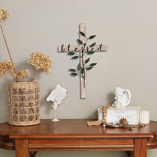 NIKKY HOME Wall Cross, Rustic Wooden Cross With Metal Leaves - color: Blessed