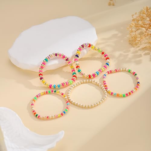 M MOOHAM Gold Beaded Bracelet Set for Women, Pearl Cross Stackable Jewelry - color: 5PCS-Colorful Bracelet