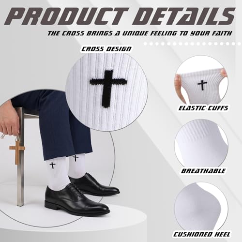 6 Pairs Cross Socks for Men US 7-9 Christian Pastor Crew Socks - color: Black, White, Dark Blue