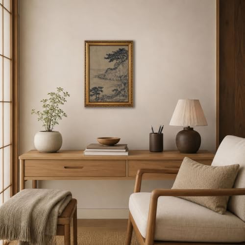 Vintage Japanese Wall Art Gold Framed Asian Landscape Moody Wall Decor - color: Chinese landscape ink, size: 16"L x 12"W