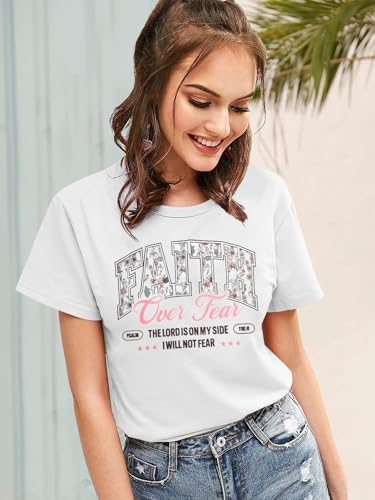 Faith Over Fear Shirt Christian Shirts for Women Inspirational Bible Verse T-Shirt Religious Faithful Short Sleeve Tee - color: Apricot-2, size: Large