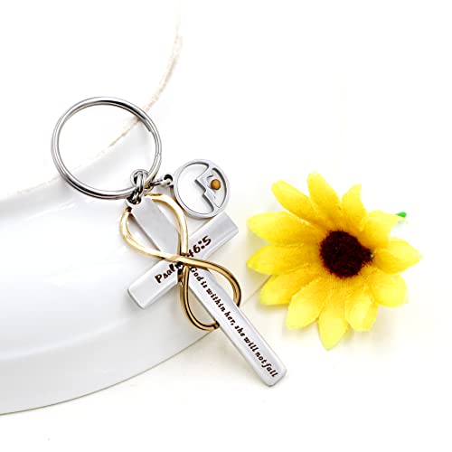 Uloveido Stainless Cross Infinity Keychain Mustard Seed Charms Psalm 46:5 Christian Bible Quote Keyring Baptism Gift - style: Round Mountain