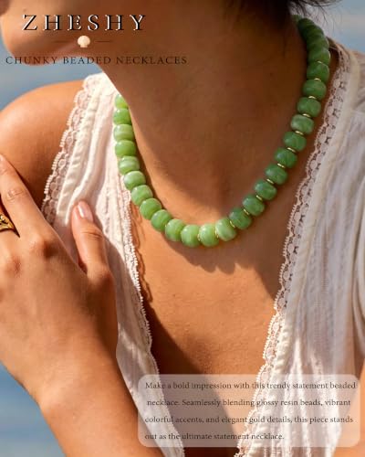 ZHESHY Chunky Beaded Necklaces for Women Heart Cross Statement Necklace - color: Green