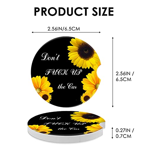 Car Coasters 2 Pack, Small 2.56" Stone Car Cupholder Absorbent Coaster Set for Women Men Drink Cup Holder Coasters (Sunflower&Funny Phrase) - color: Sunflower&funny Phrase