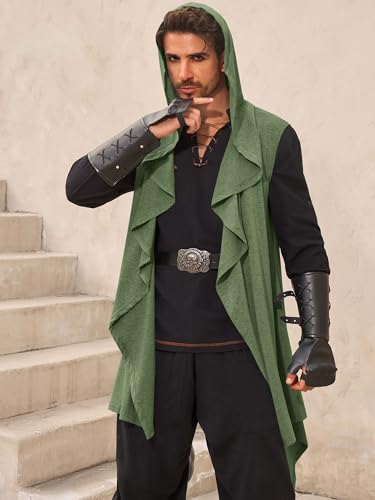 Runcati Mens Hooded Cardigan Sleeveless Ruffle Shawl Collar Drape Robe - color: Army Green, size: Large