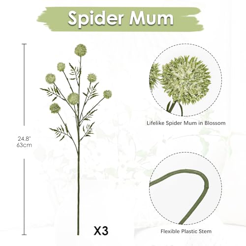 Hollyone 3Pcs Green Faux Branches 24.8" Artificial Plants White Ball Flowers for Vase Fake Silk Flower with Long Stem Floral Arrangements Bouquets Orchid Fruit Faux Plants for DIY Home Decor - color: White Green