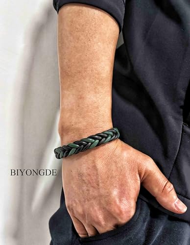 Handmade Braided Leather Bracelet, Black Stainless Steel Clasp, Mens, Cool Classic Stylish - color: Black and Green