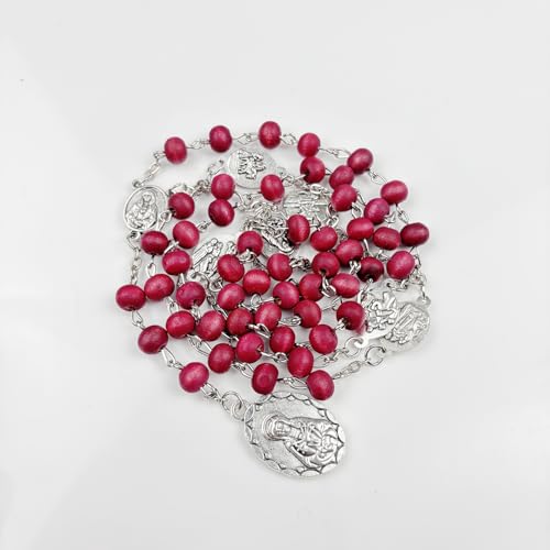 Seven Sorrows of Mary Rosary Wooden Beads Catholic Jewelry Necklace for Pray - color: Red