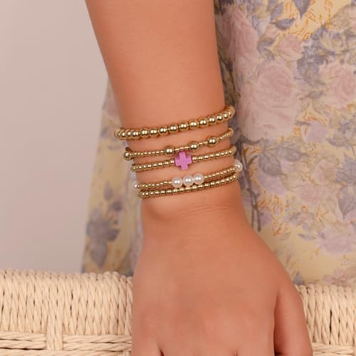 Gold Beaded Pearl Cross Bracelets Stackable Christian Stretch Jewelry Set - color: Purple