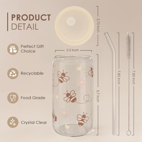 SANDJEST Bee 16oz Can Glass Tumbler with Acrylic Lid & Straw - Iced Coffee Cup for Women Girls, Aesthetic Cups Gifts for Birthday Christmas - color: Bee