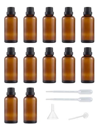 12 Pack Set 50ML Empty Refillable Travel Essential Oil Bottle Amber Glass Bottle with Orifice Reducer Container Aromatherapy Storage Vials (12-50ML) - style: 50ML