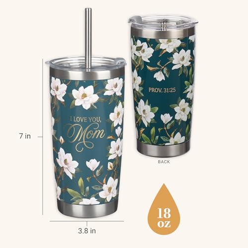 Christian Art Gifts Large Stainless Steel Double Wall Vacuum Insulated Travel Tumbler for Mothers: Love You, Mom, Inspiring Scripture, Hot/Cold, Flip Top Lid, Resusable Straw, Dark Teal Floral, 18 oz. - color: Dark Teal Floral/Mom