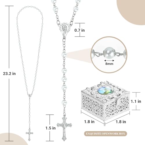 Sliver Pearl-Style Rosary Necklace with Metal Gift Box, 8mm, 22 Inch - color: Silver