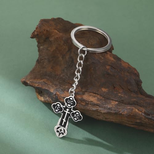 TEAMER Cross Keychain Russian Orthodox Crucifix Eastern Church Keychain Religious Christian Prayer Jewelry for Men Women - color: Black Silver
